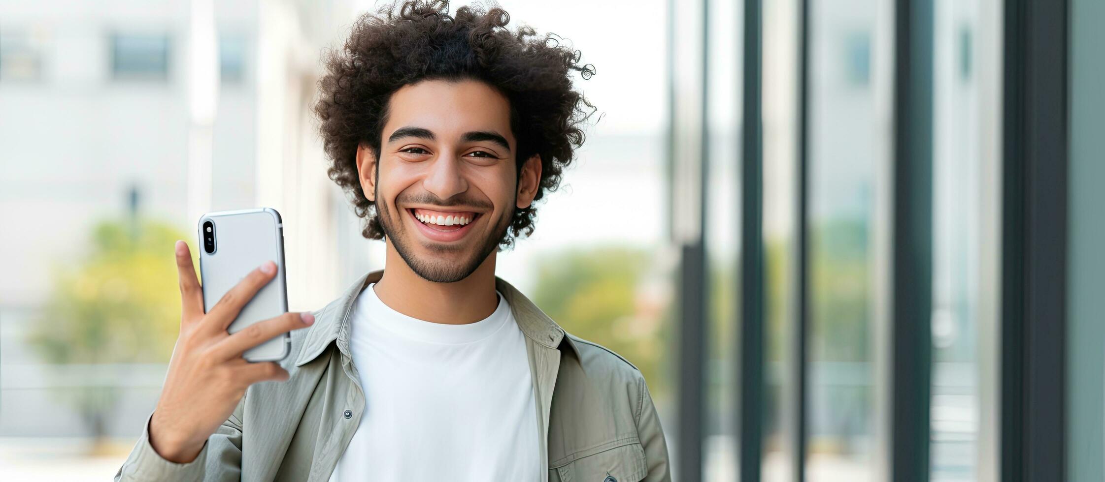 25 year old Middle Eastern man smiling and making the OK sign while holding a smartphone in front of a white background photo