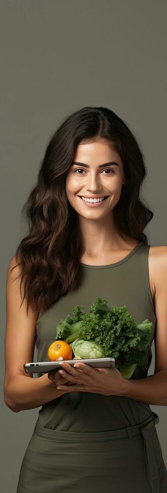 un mujer con marrón pelo sonrisas y sostiene arriba un teléfono con un vacío monitor compras en línea para Fresco vegetales ella es posando en contra un gris antecedentes Pro foto