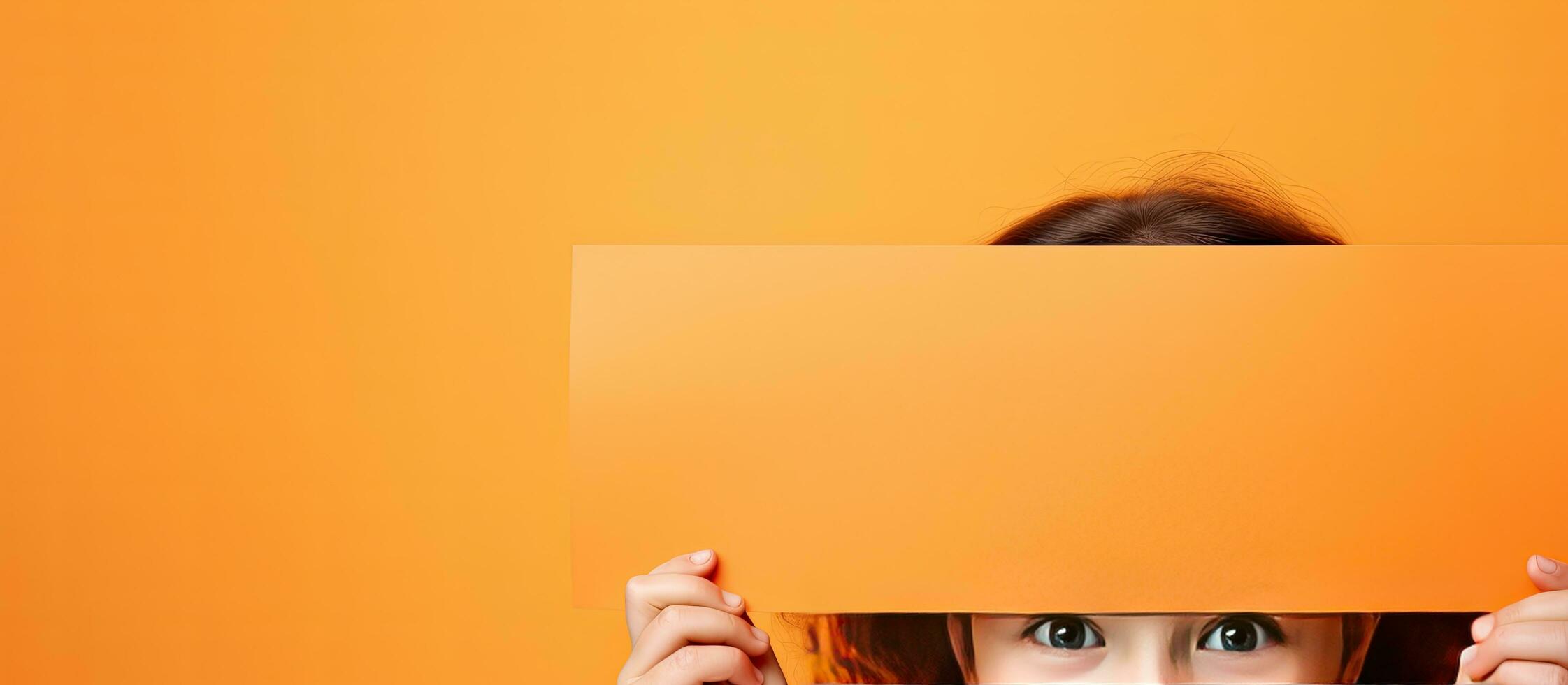 Child smiling behind an orange paper with space for an advertisement photo