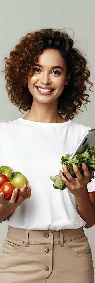 A woman with brown hair smiles and holds up a phone with an empty display shopping online for fresh vegetables She is posing against a gray background pro photo
