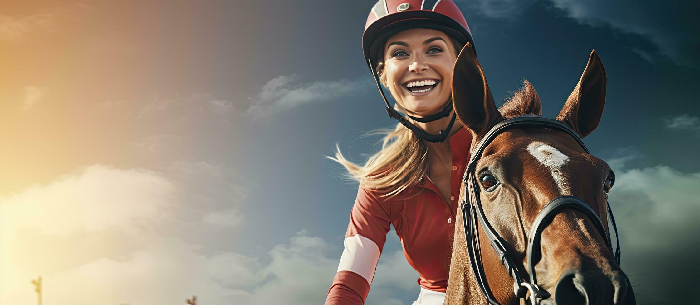 Young Caucasian woman riding horse in ranch with horse racing text and copy space Animal sport equestrian and competition theme photo