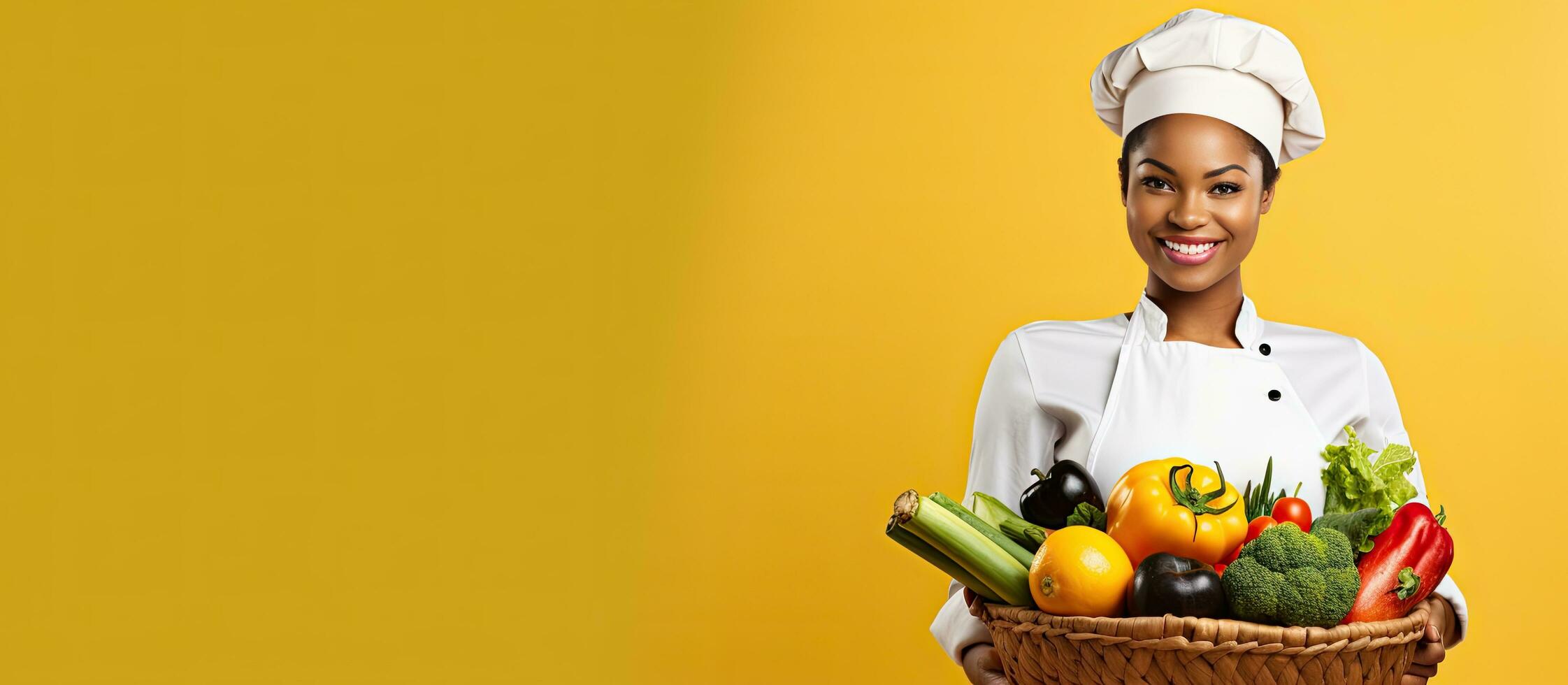 Happy African American chef woman with fresh produce recommending organic ingredients copy space yellow background photo