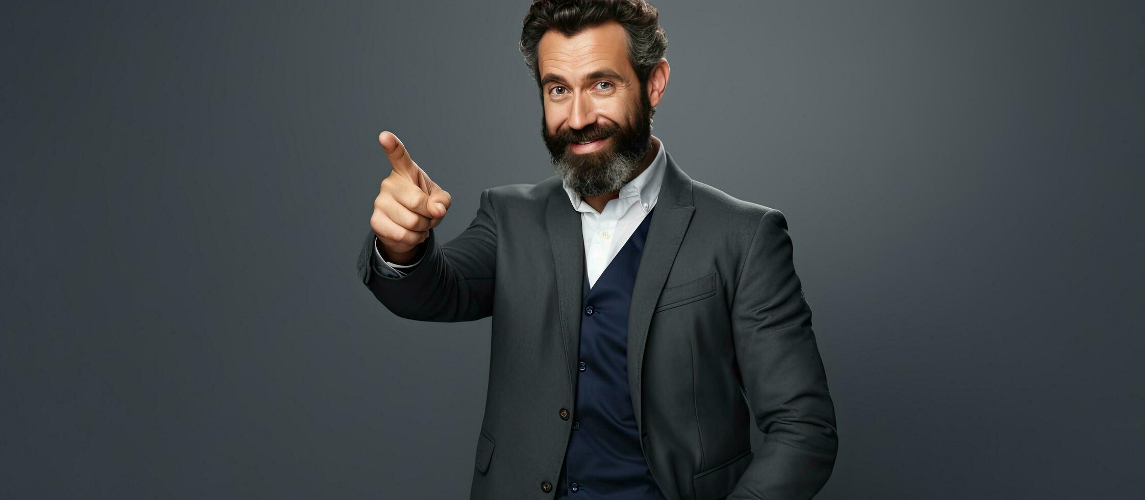 Smiling businessman advertising by showing thumb finger on grey background photo