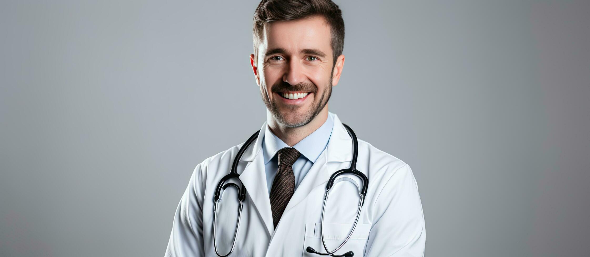 Smiling male doctor with good test results wearing a white coat and stethoscope looking into camera on isolated white background Copy space for health photo