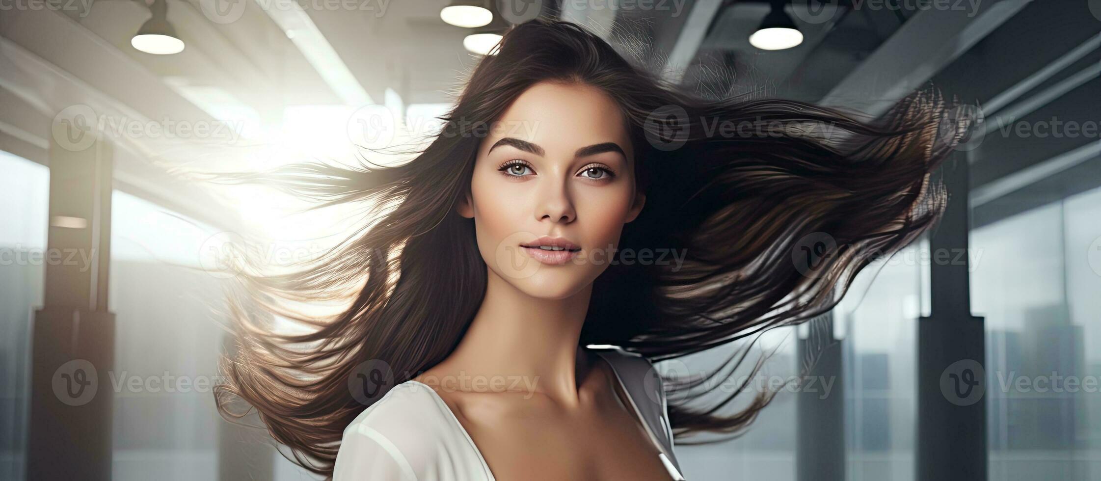 Young brunette experiencing happiness while getting beauty treatments at a hair salon vacant area photo