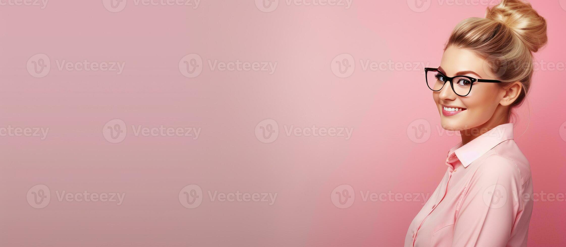 Blond secretary woman with ponytail glasses pink shirt joyful expression on studio background with copy space photo