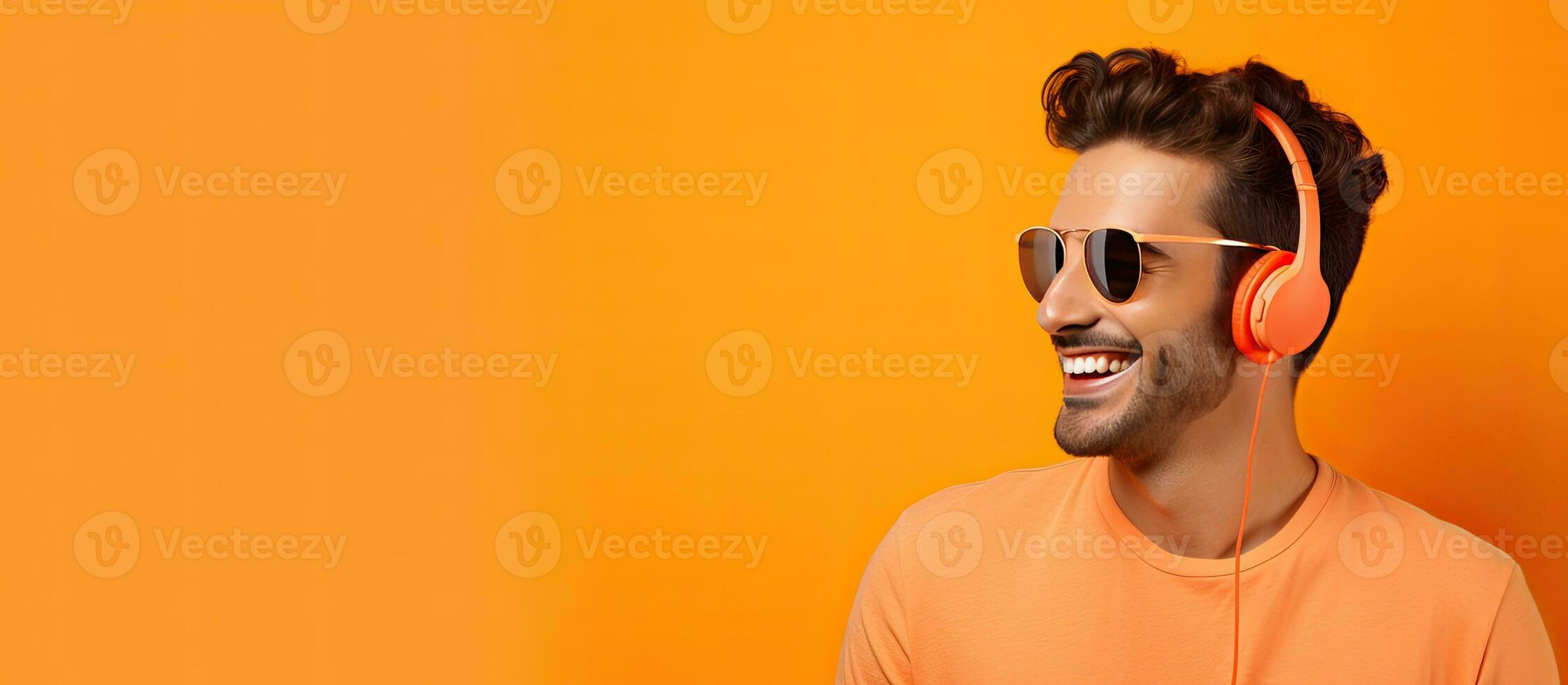 High quality photo of a young male entrepreneur in sunglasses posting to copy space on an orange background during summer holidays