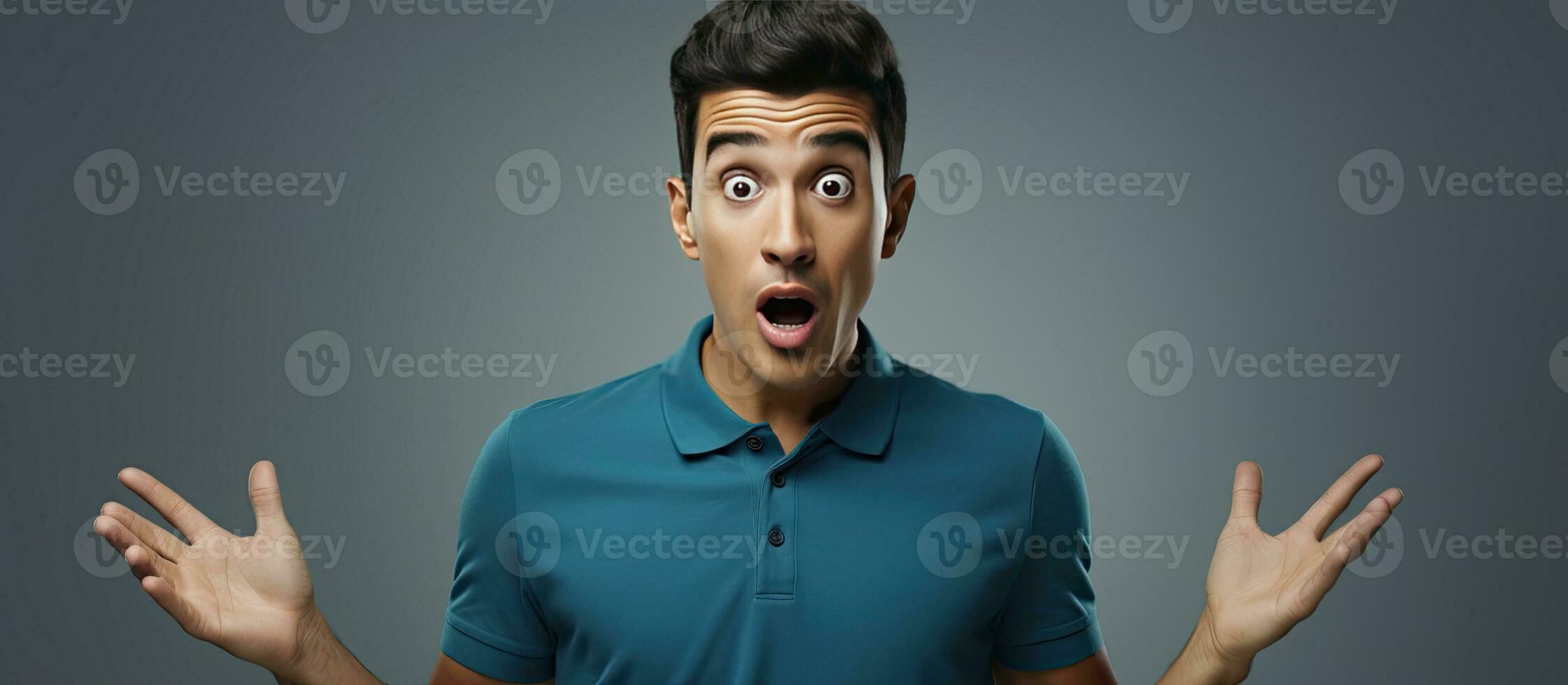 Astounded young man in blue shirt with empty space for advertisement isolated on gray background photo