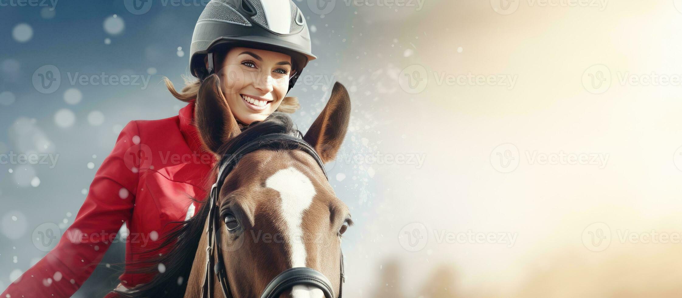 Young Caucasian woman riding horse in ranch with horse racing text and copy space Animal sport equestrian and competition theme photo