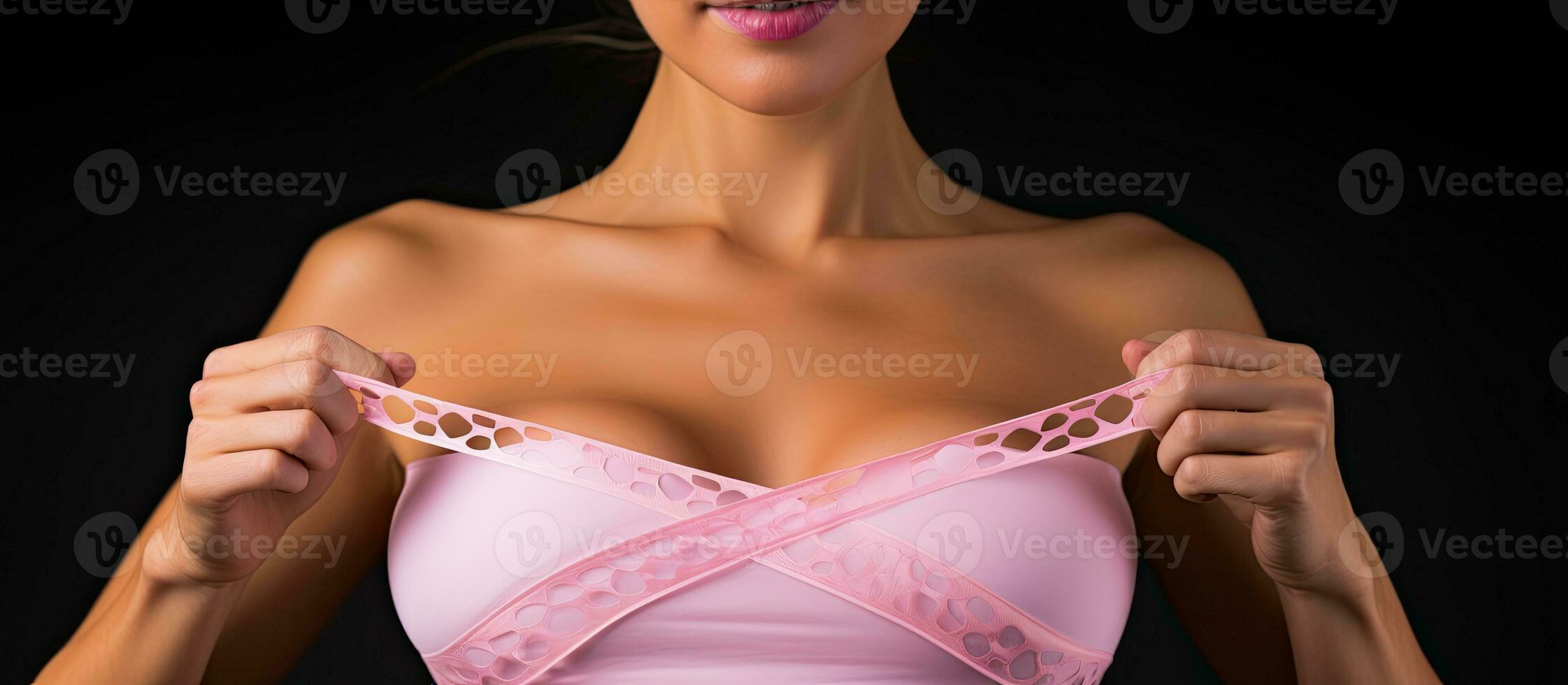 Caucasian woman holds pink ribbon raising awareness for breast cancer on no bra day photo