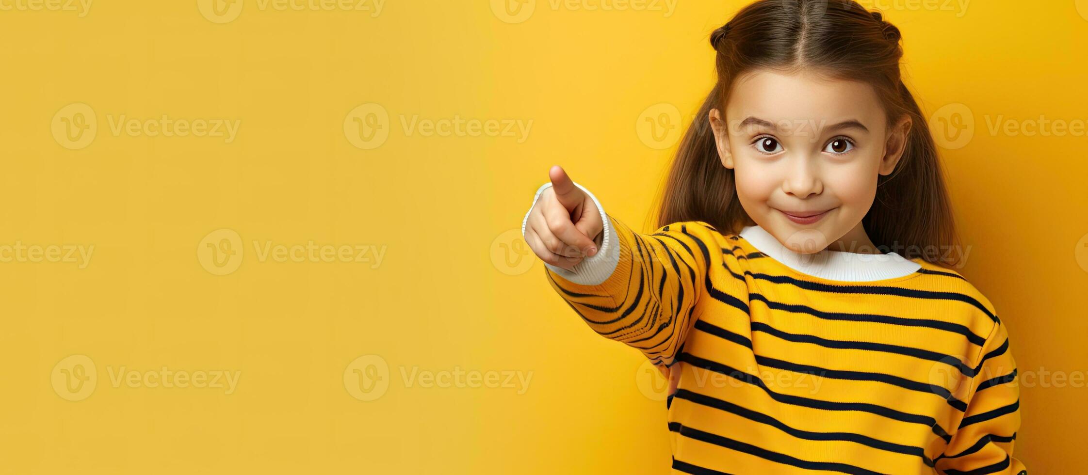 un caucásico niña en un a rayas t camisa anuncia alguna cosa y recomienda el mejor precio foto