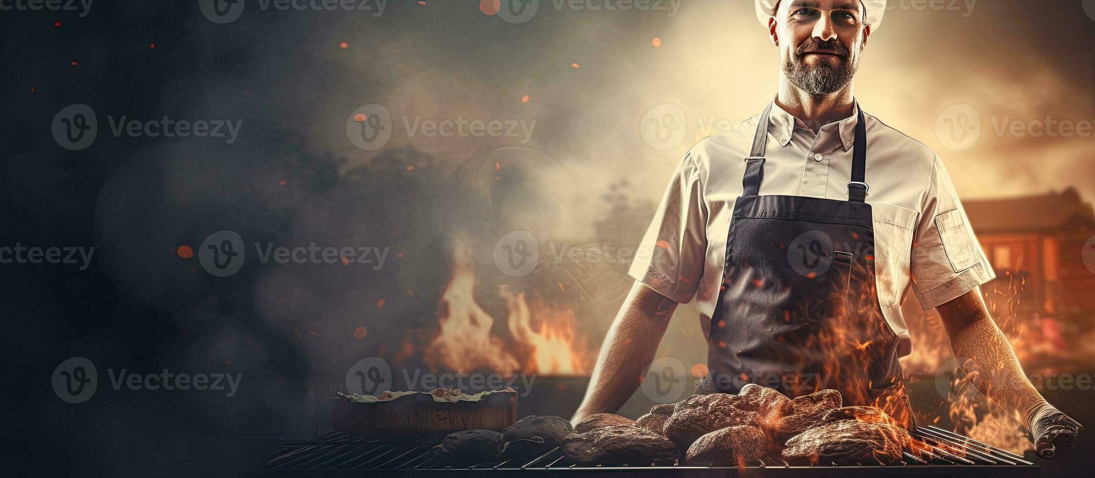 Chef grilling outdoors holding utensil space to add text photo