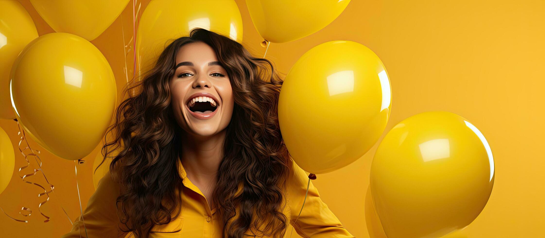 Happy woman posing with balloons isolated on yellow background Celebrating holiday birthday and having fun photo