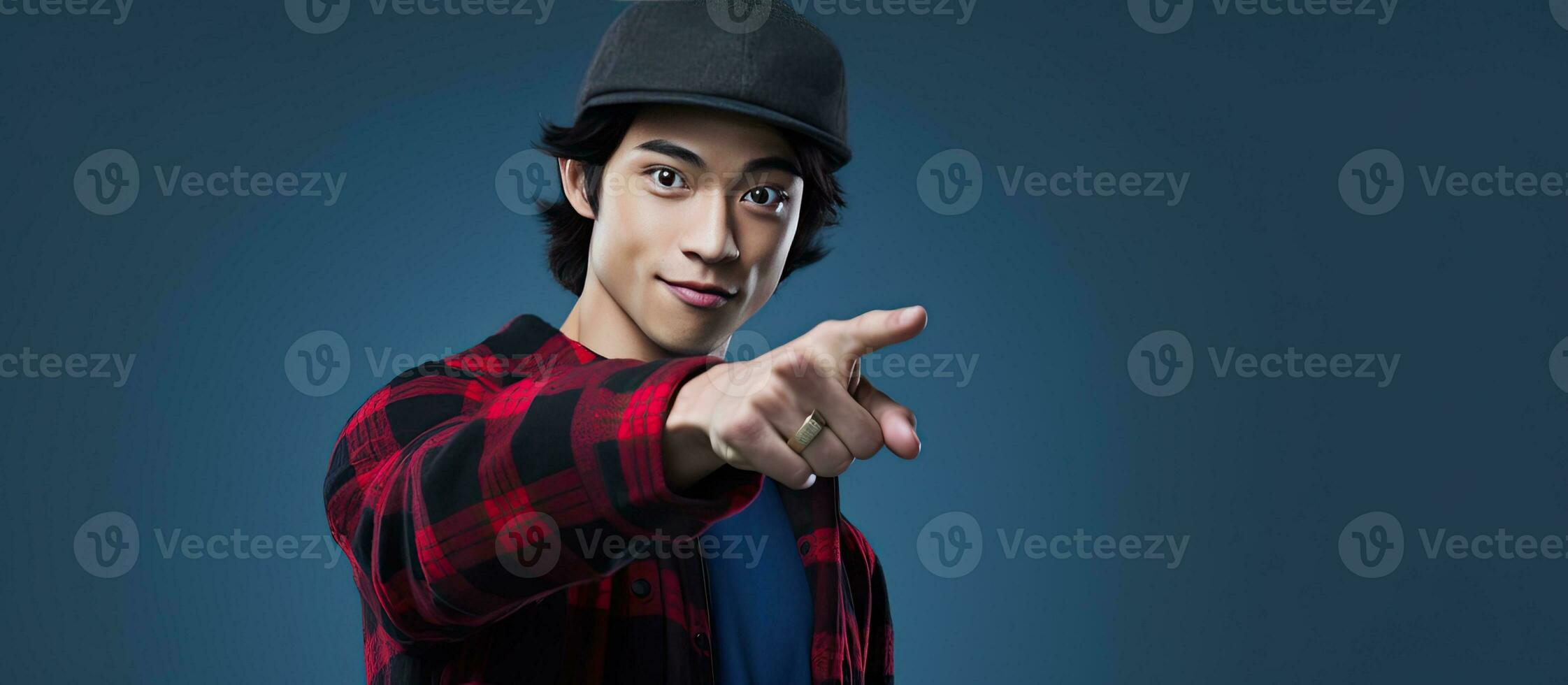 Asian man pointing finger at copy space with phone isolated on blue background photo