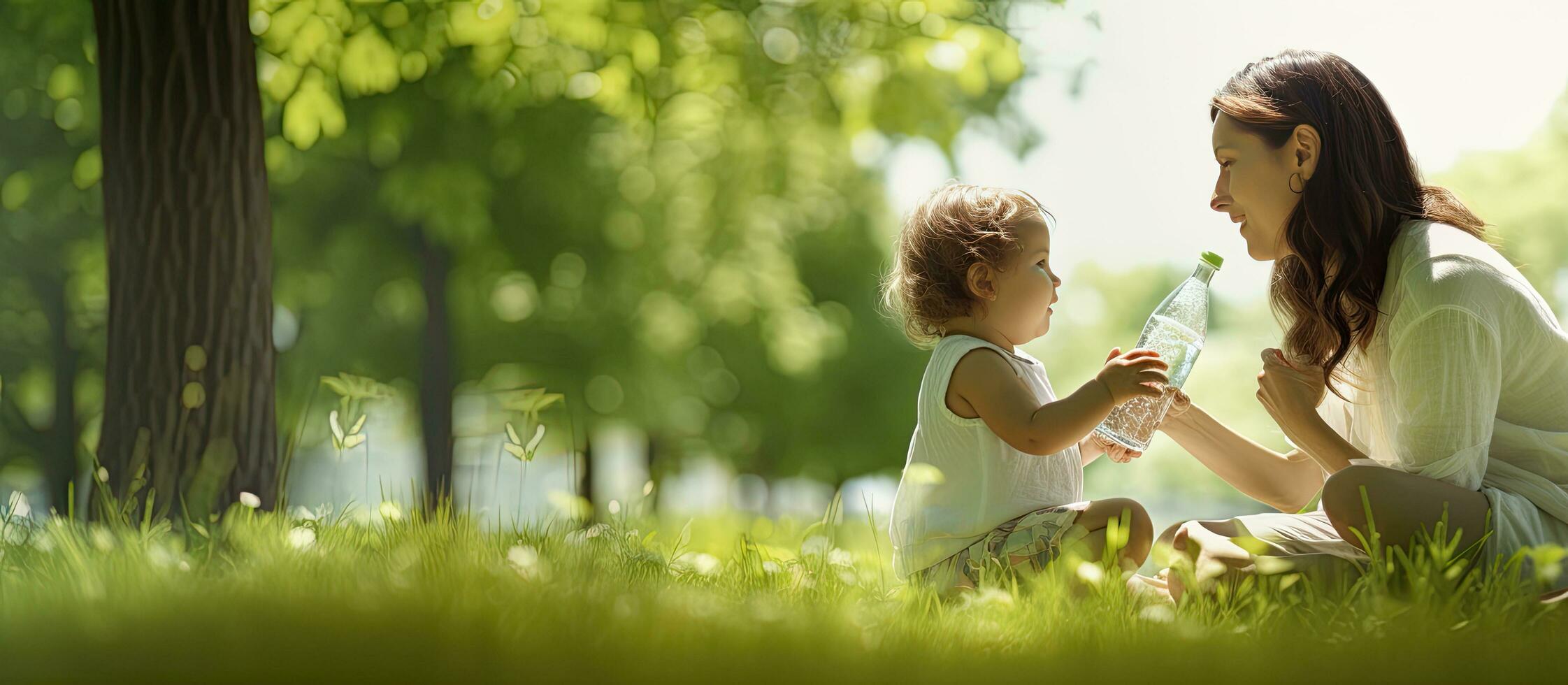 Image of a mother providing water to her child in a park on a sunny day photo