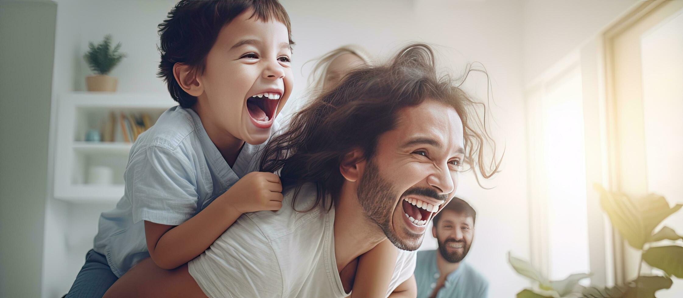 Cheerful parents having fun with kids banner for website header design photo