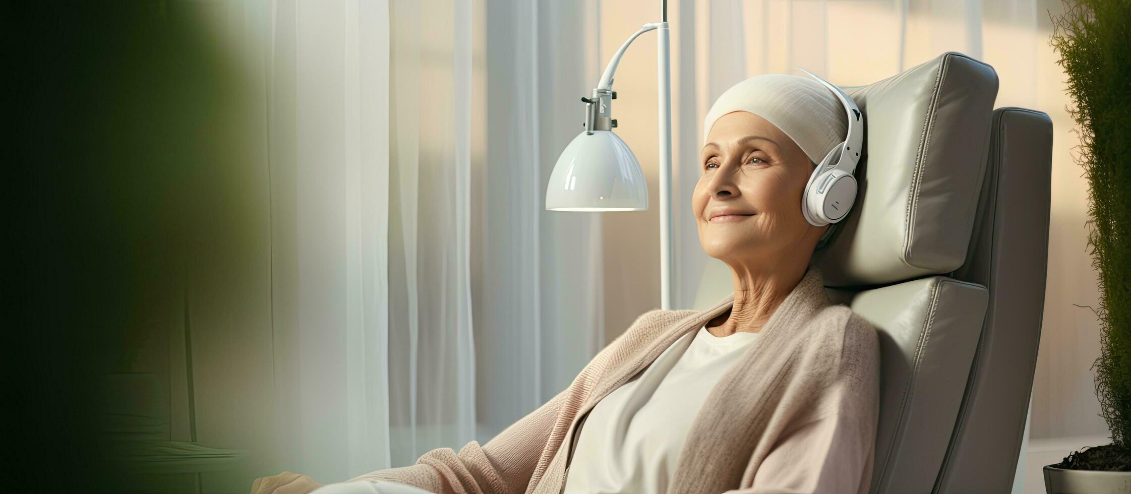 Senior woman receiving chemotherapy treatment in comfortable chair with IV drip and listening to music empty area for text photo