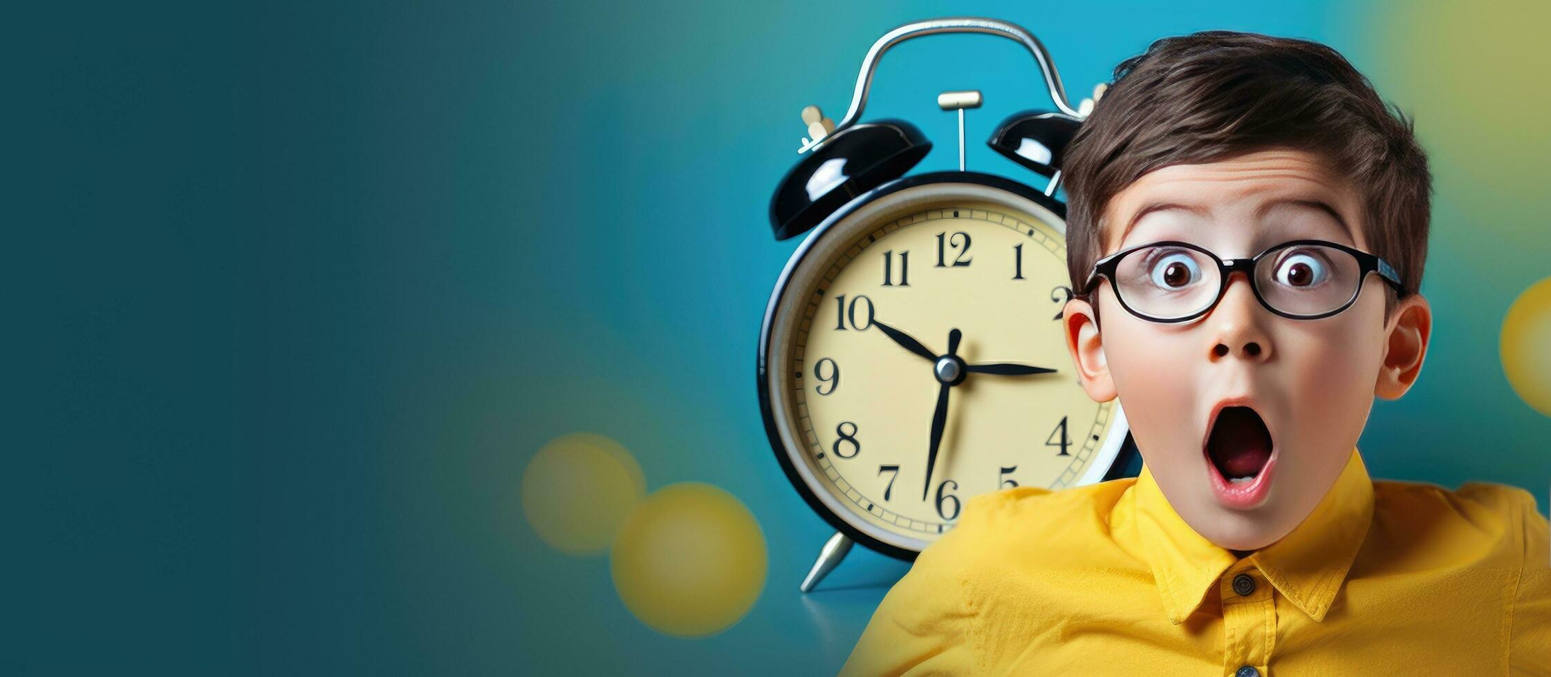Surprised teenager in uniform and glasses staring at clock time running out photo