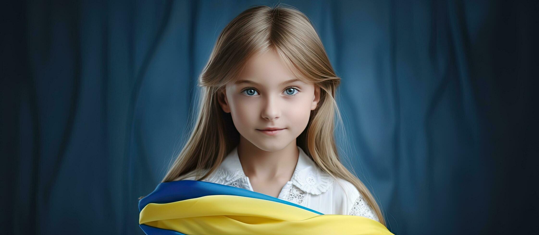 Young girl wearing traditional embroidered shirt holds Ukrainian flag with empty space Show support for Ukraine love for country Concept of freedom photo