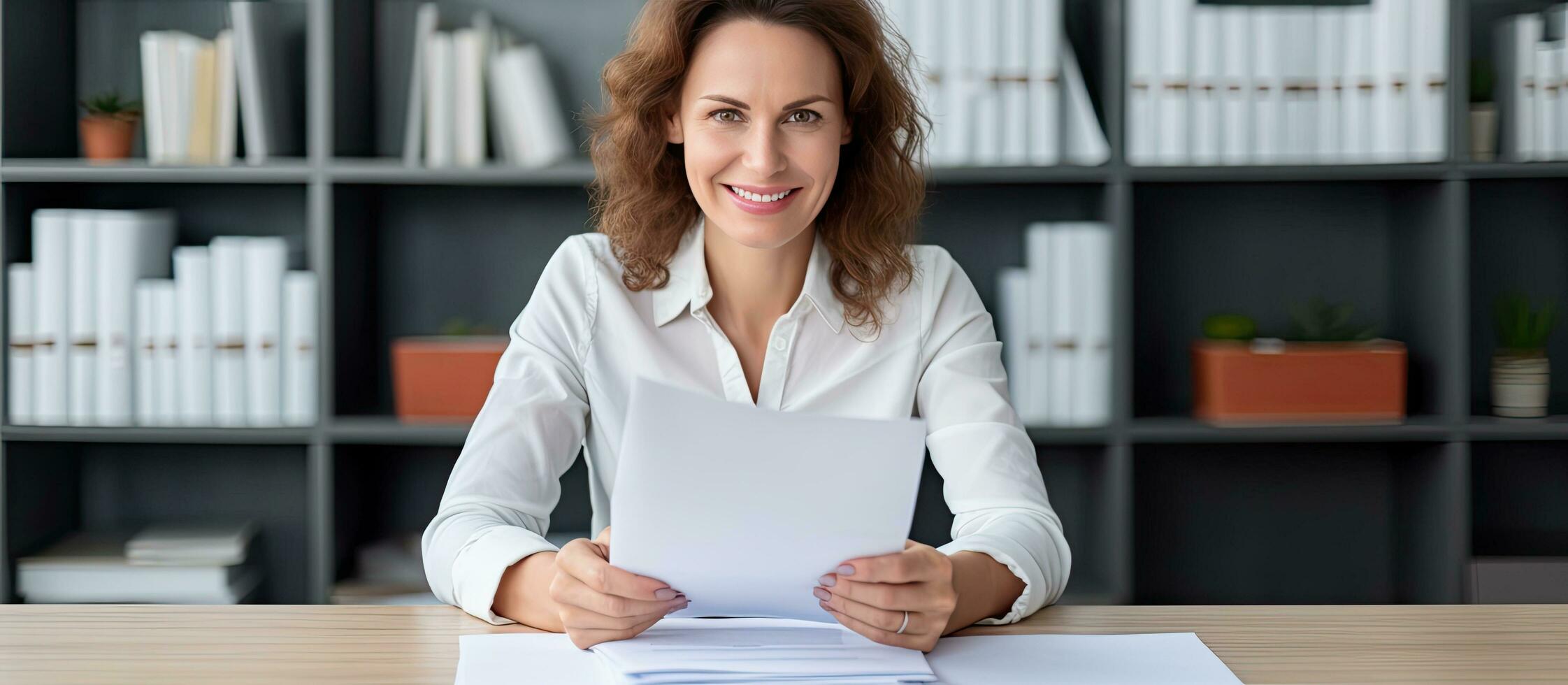 Caucasian woman at desk happy smile white shirt paper documents looking at camera photo