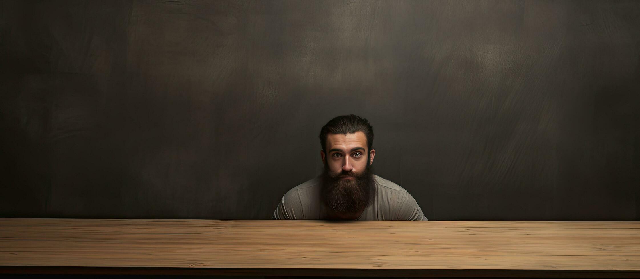 Bearded man with empty space on a table photo