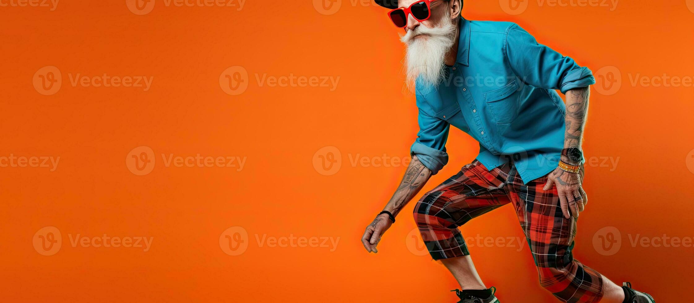 Stylish older man wearing unique attire including a hat and sunglasses seen on a skateboard against a blue backdrop in a studio Fashionable sporty with photo