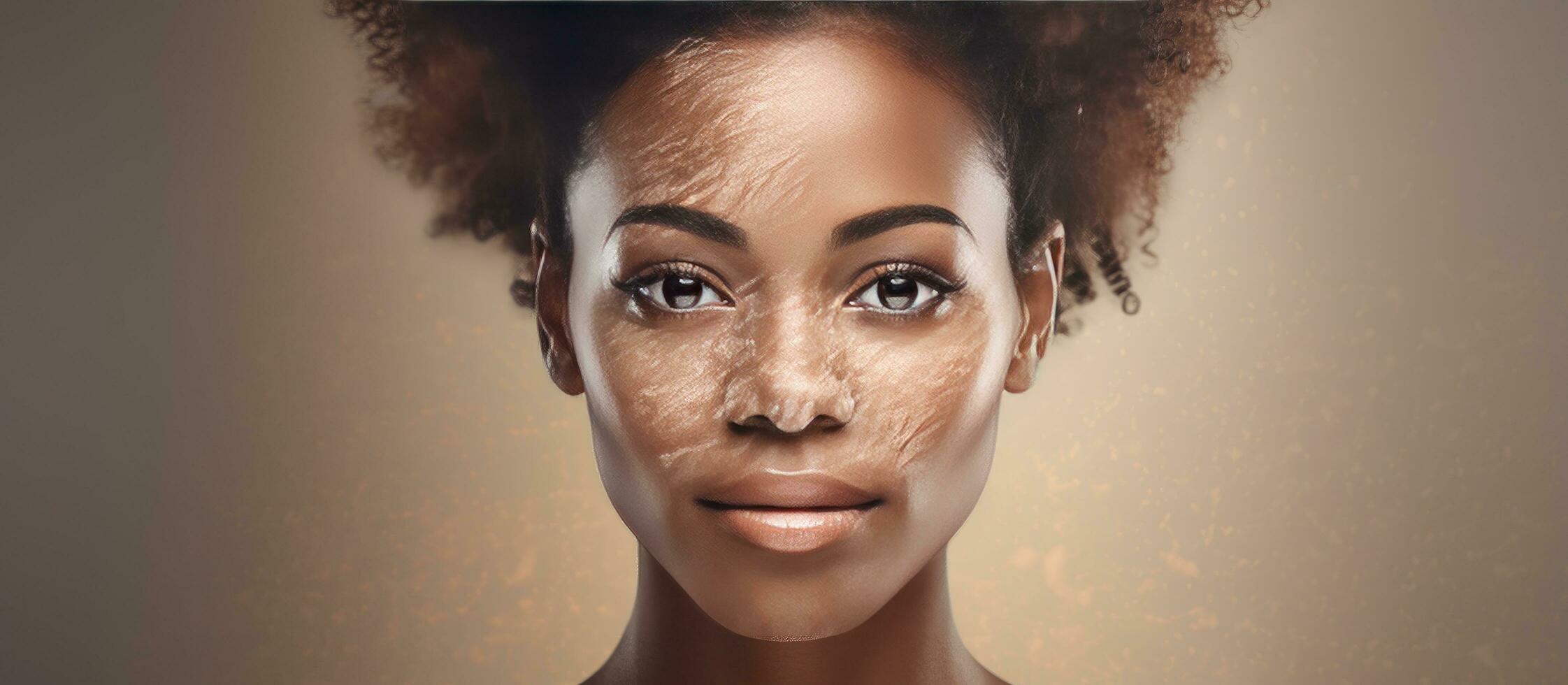 Digital composite portrait of an African American woman with makeup featuring text for International Skin Pigmentation Day photo
