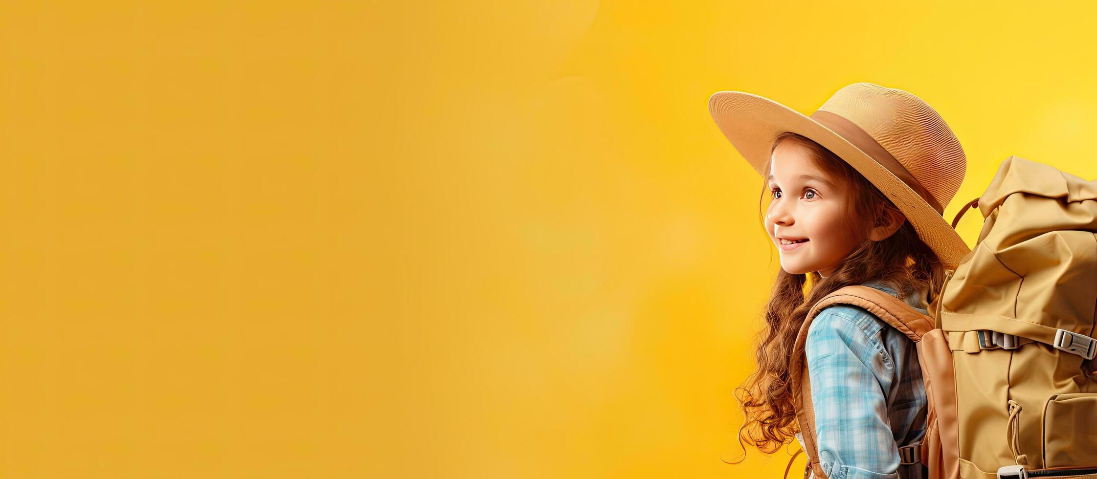 A young girl scout in a summer hat and backpack views your ad She s heading for a camping trip Banner with yellow isolated backdrop and copy space photo