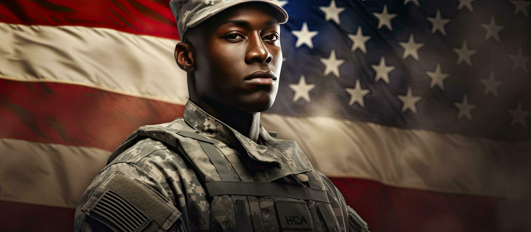 Composite of young African American army soldier with copy space for armed forces celebration photo