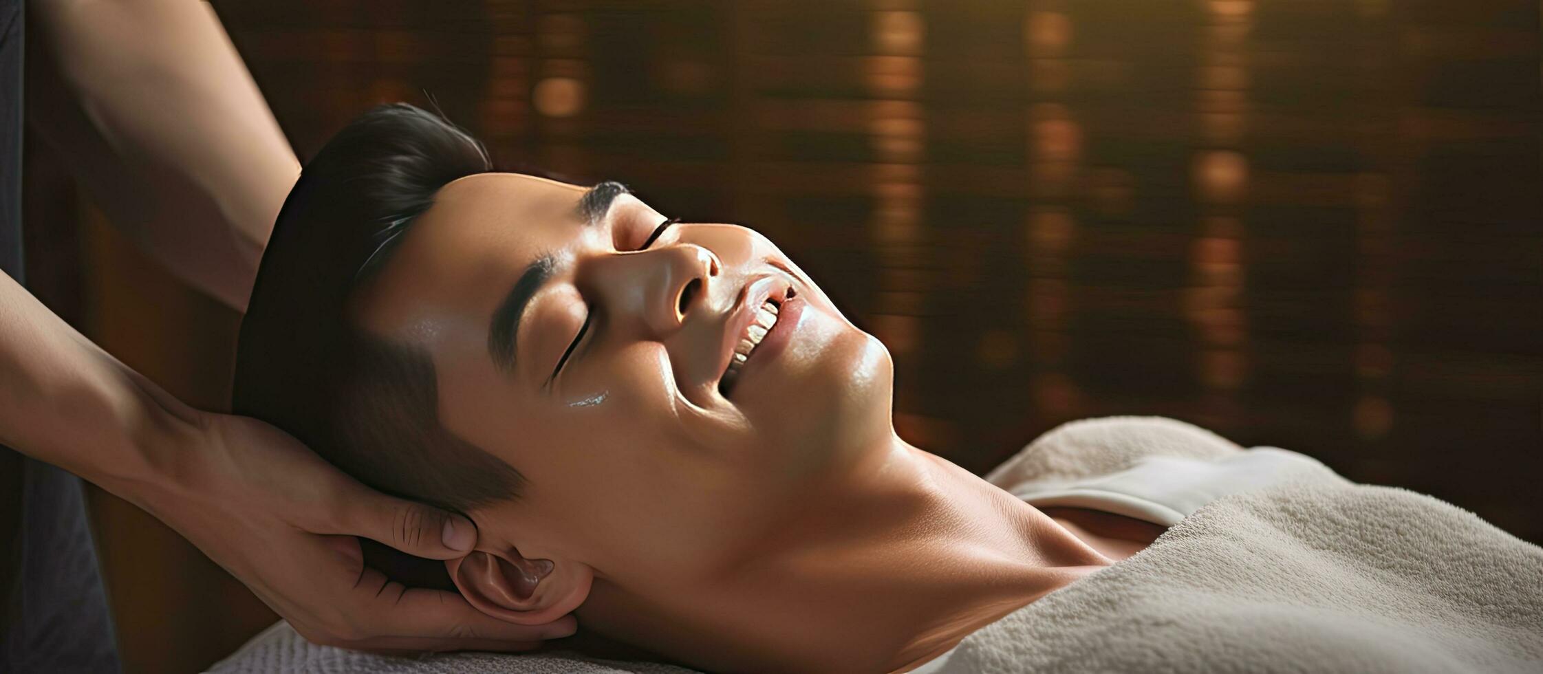 Massage therapist provides head massage at a spa to help a stressed man relax and feel happy while the man lies on a spa table photo