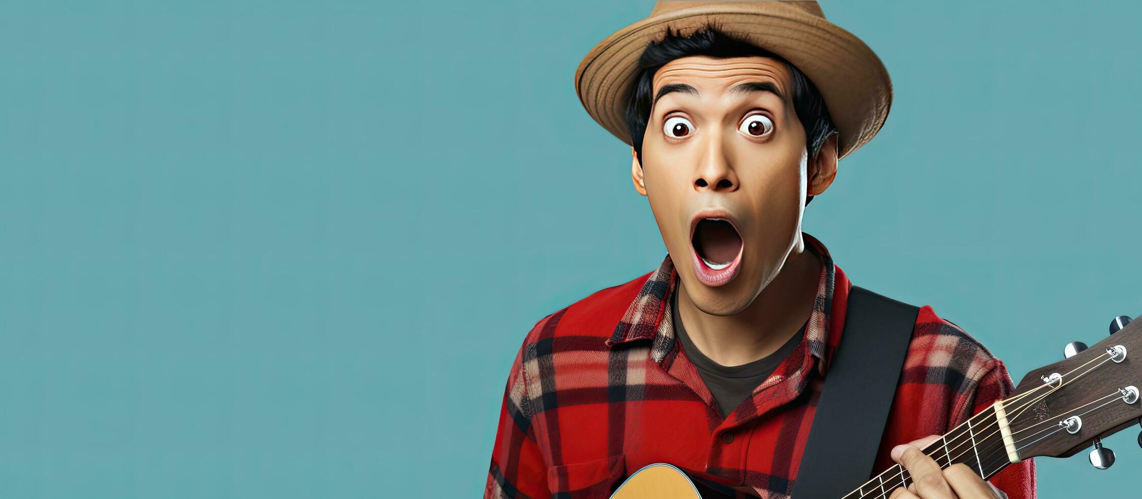 Young Asian man wearing beanie and flannel shirt pointing upwards at blank space on blue background photo