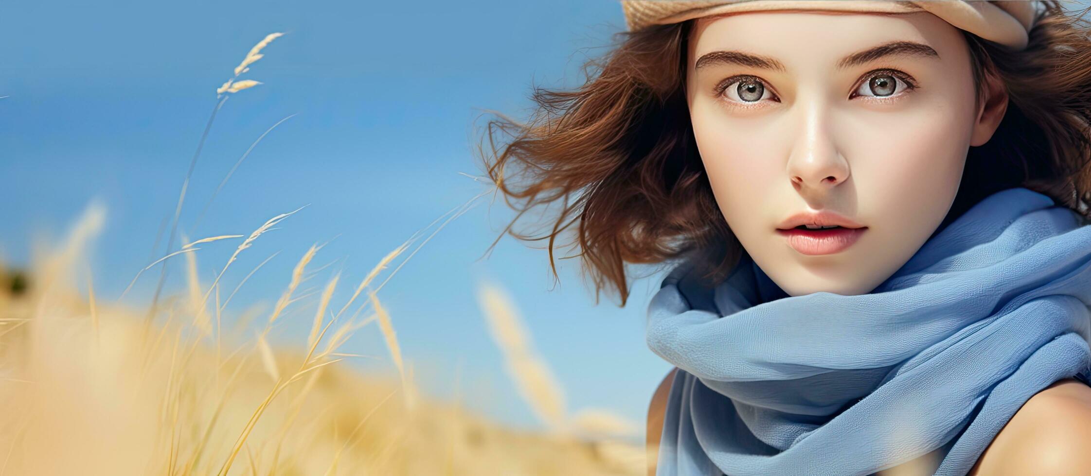 Portrait of a young Caucasian woman at the beach in August with a scarf and blue sky representing summer enjoyment and holiday concept photo