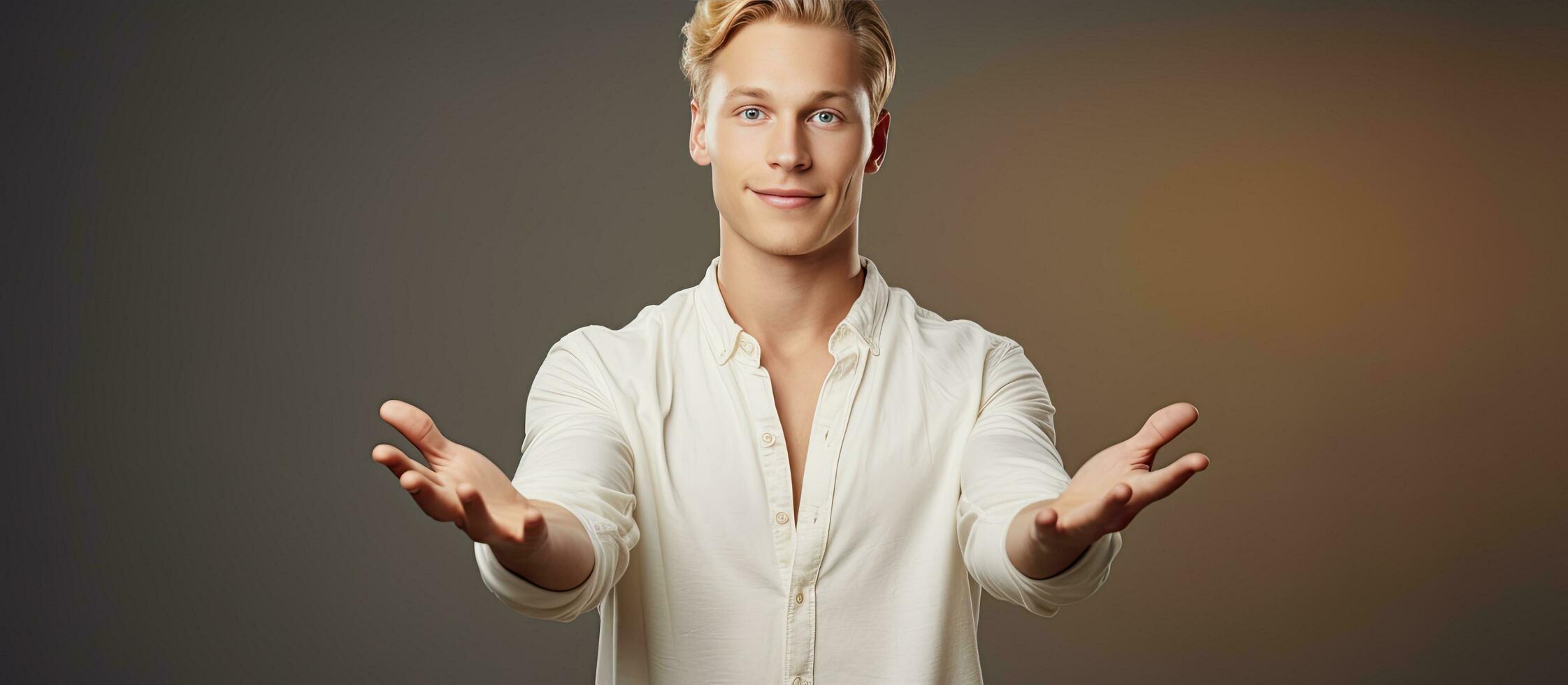Young adult man with blond hair holding an object and presenting it on a blank background photo