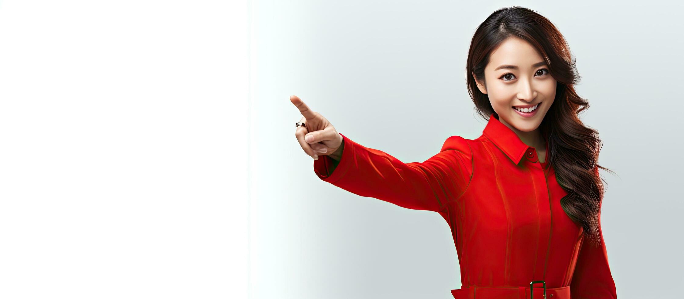 Smiling Asian woman in red outfit pointing with copy space photo