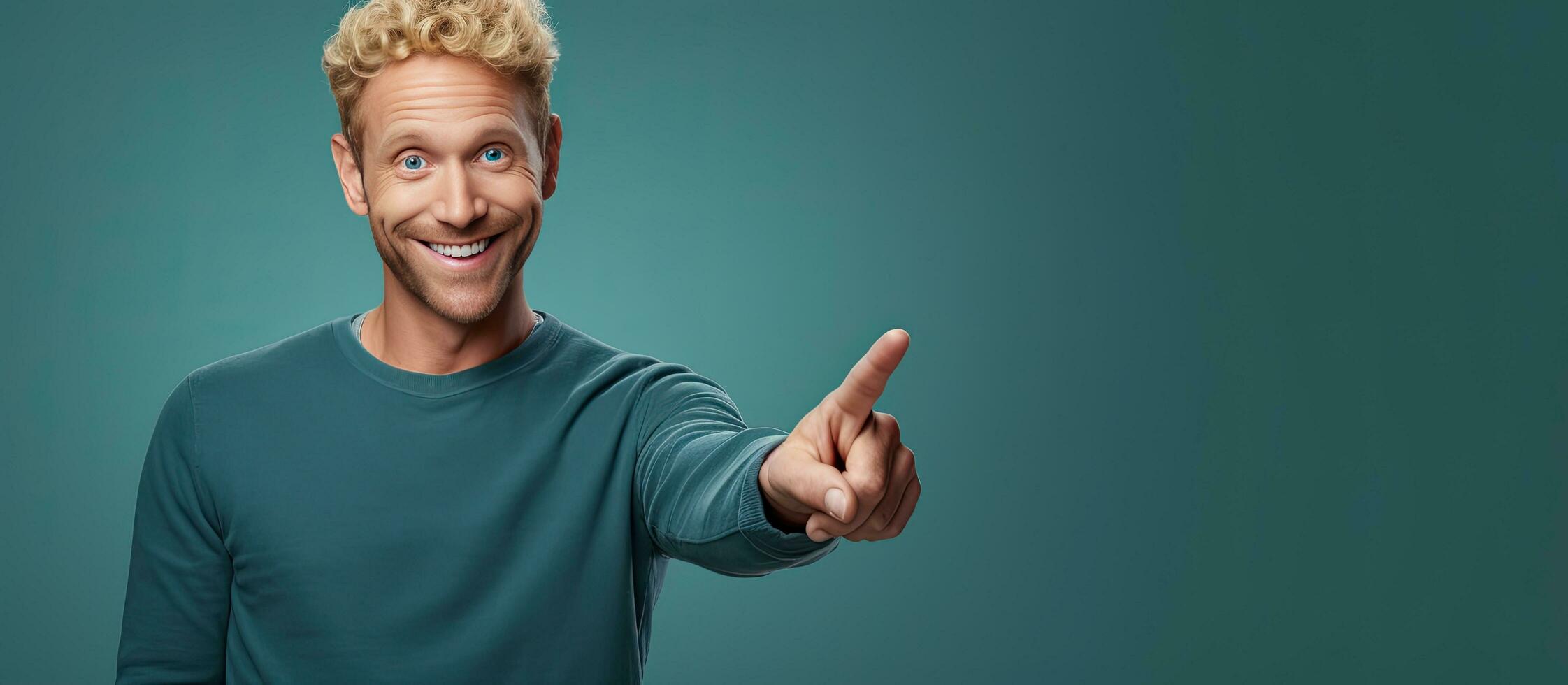 A cheerful and happy adult man with blond hair pointing upwards towards empty space photo