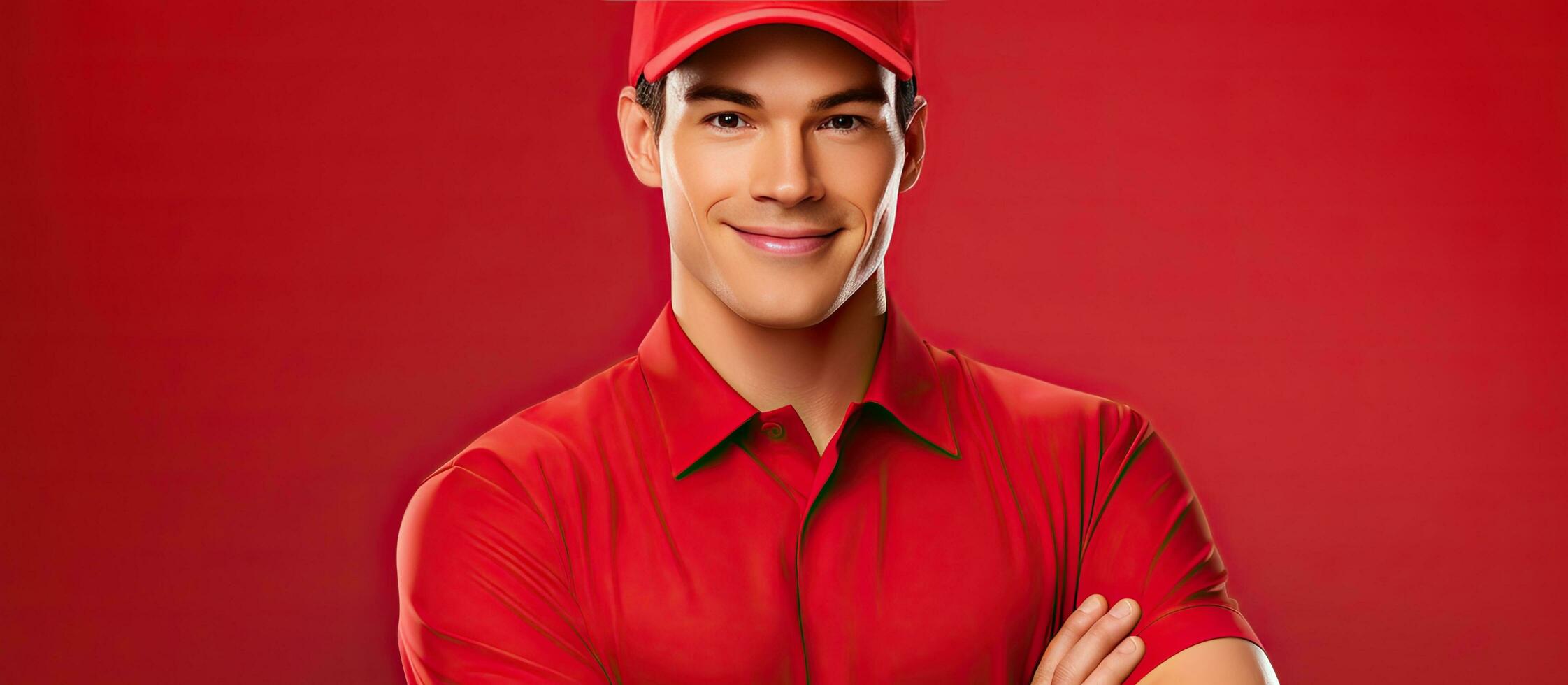 Composite of portrait of young man with clipboard and postal worker day text red background copy space delivery mail and appreciation concept photo