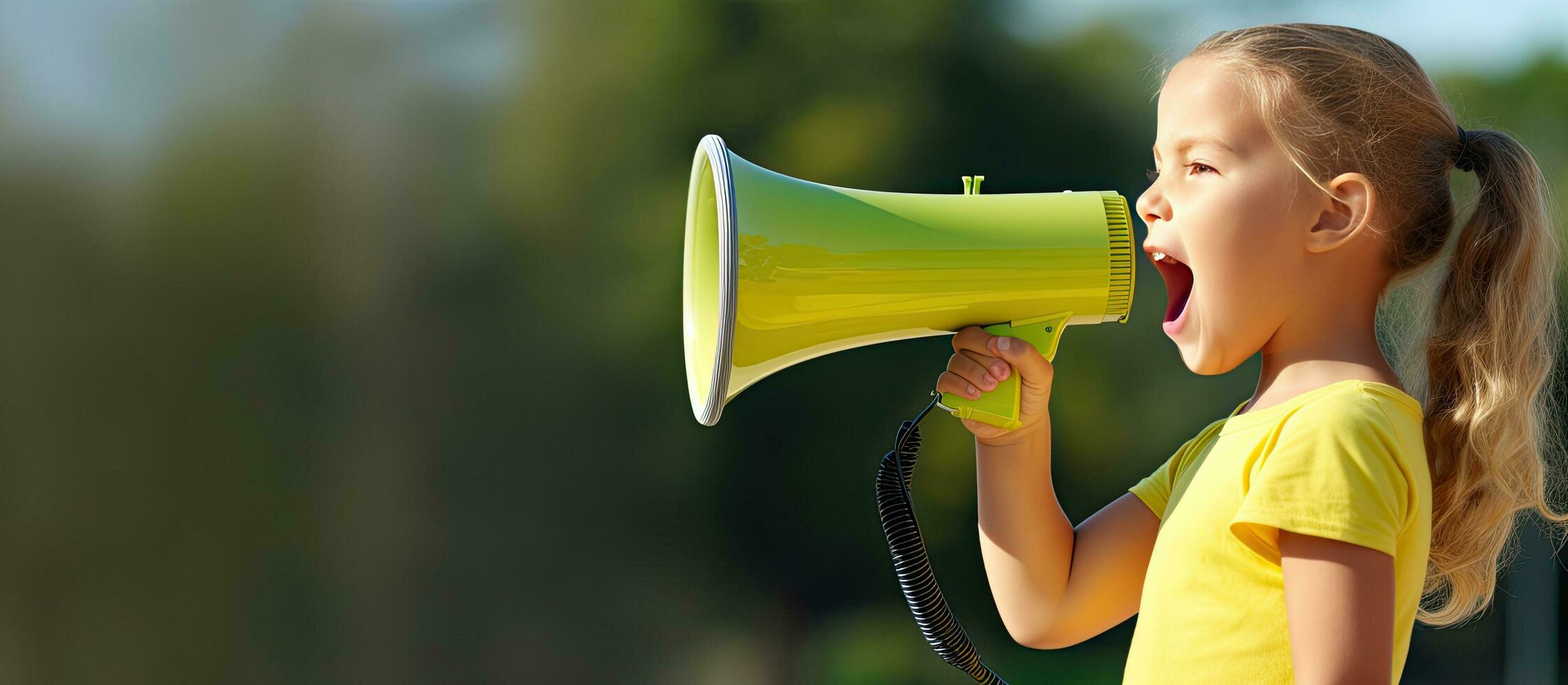 A girl with a green T shirt is using a megaphone on a yellow background photo