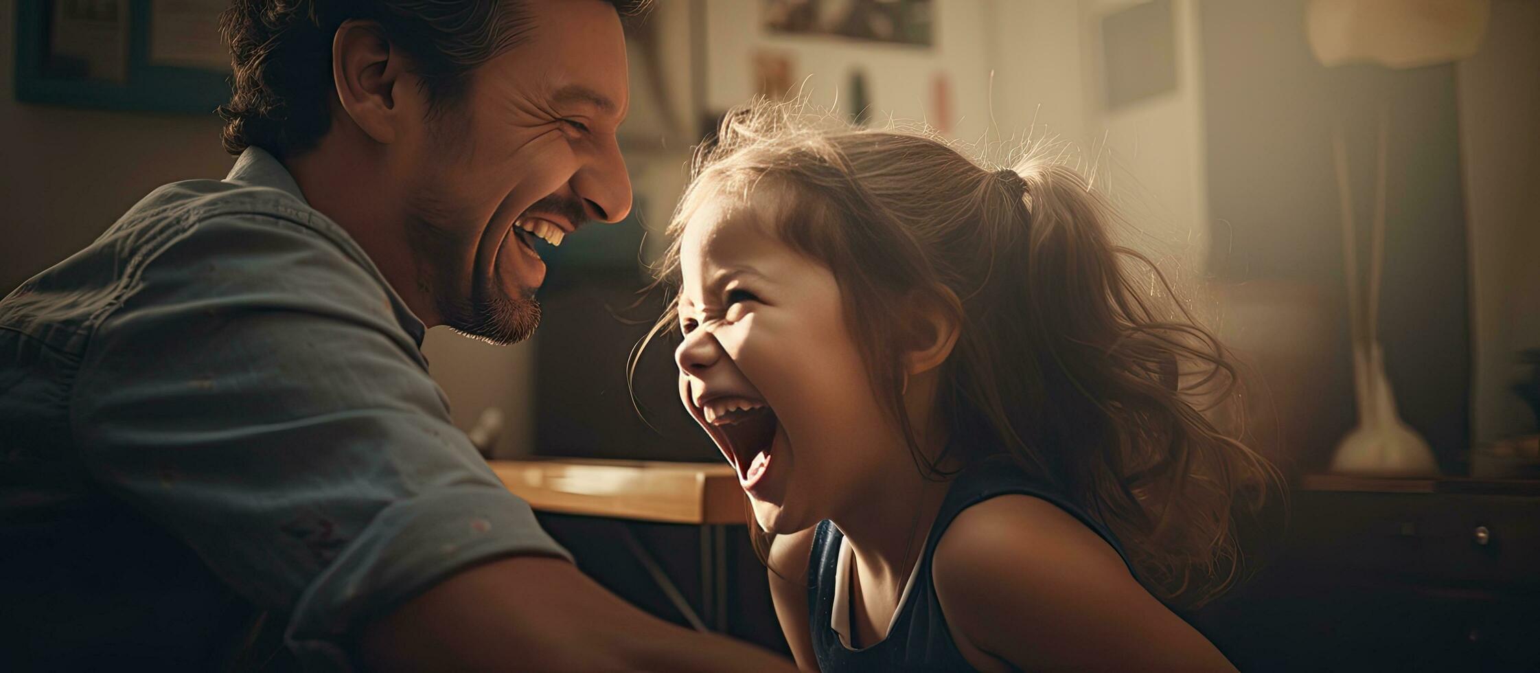Father and daughter enjoying playful moments at home photo