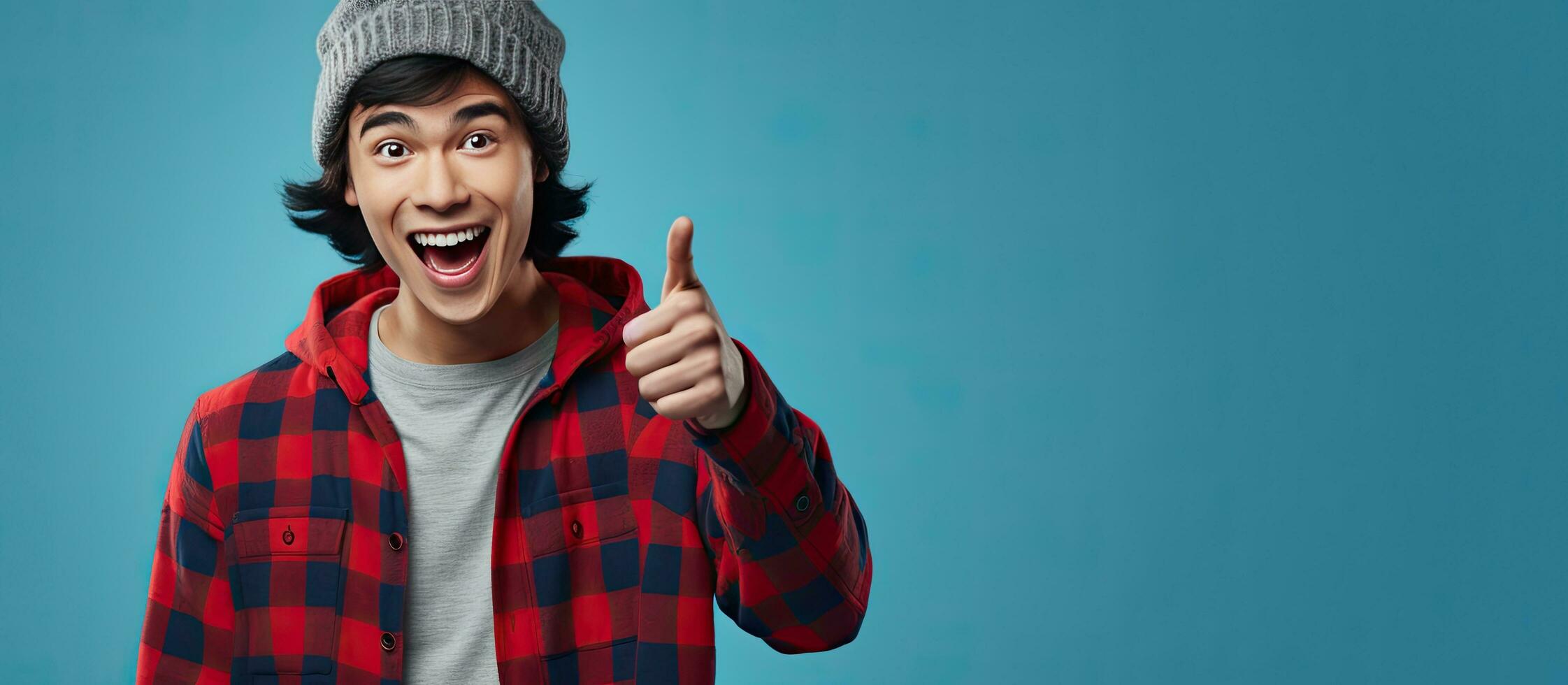 Asian man in beanie hat and flannel shirt energetically pointing down on blue background photo