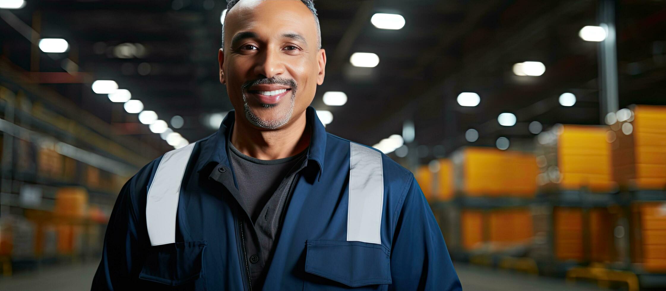 Composite image of a biracial mature male manager in a warehouse portraying safety and protection in his occupation photo