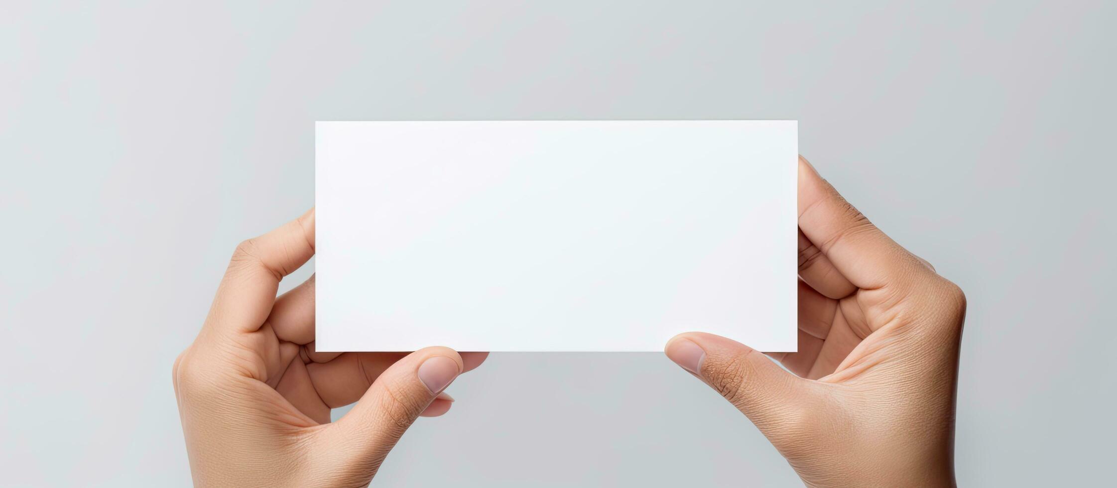 caucásico mujer s mano sostiene blanco tarjeta para negocio propósitos foto