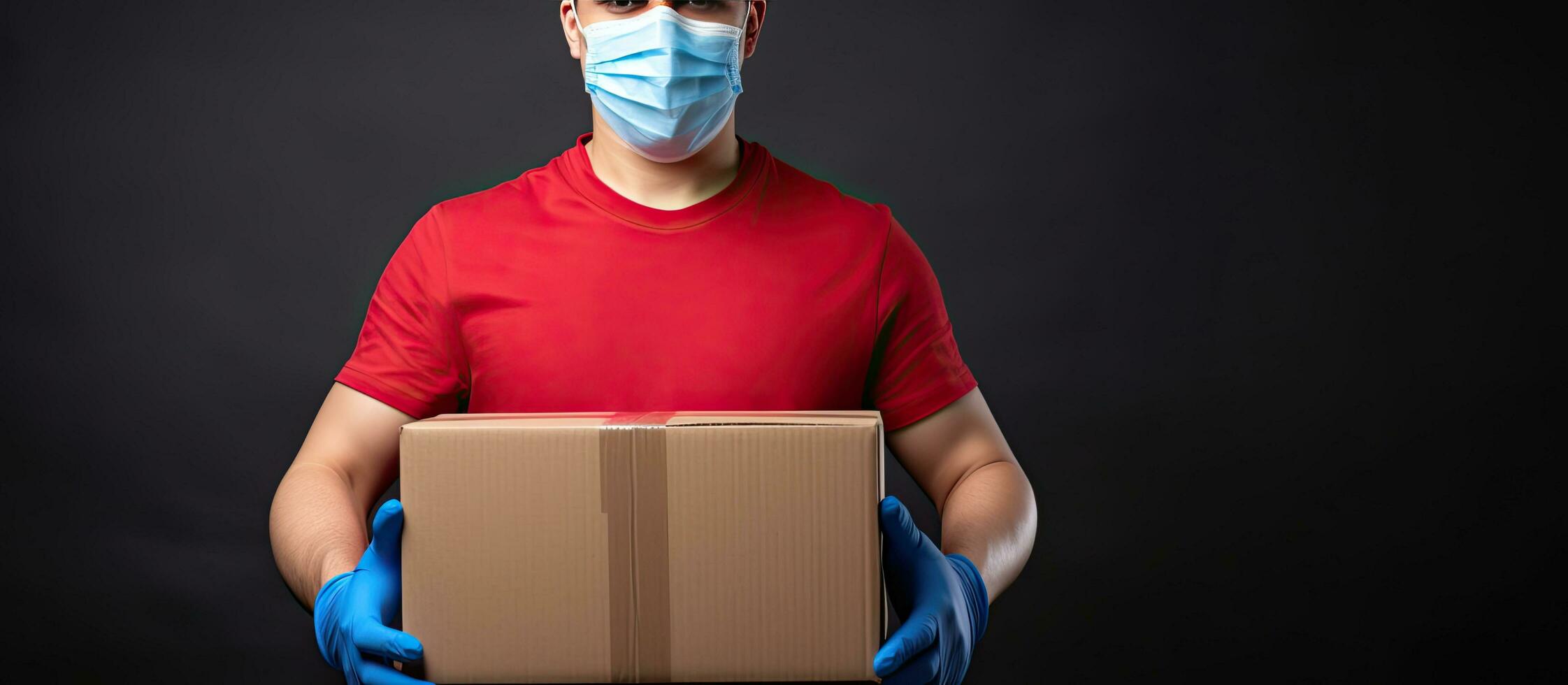 Delivery person with protective gear carrying boxes Fast and free online shopping with express delivery photo