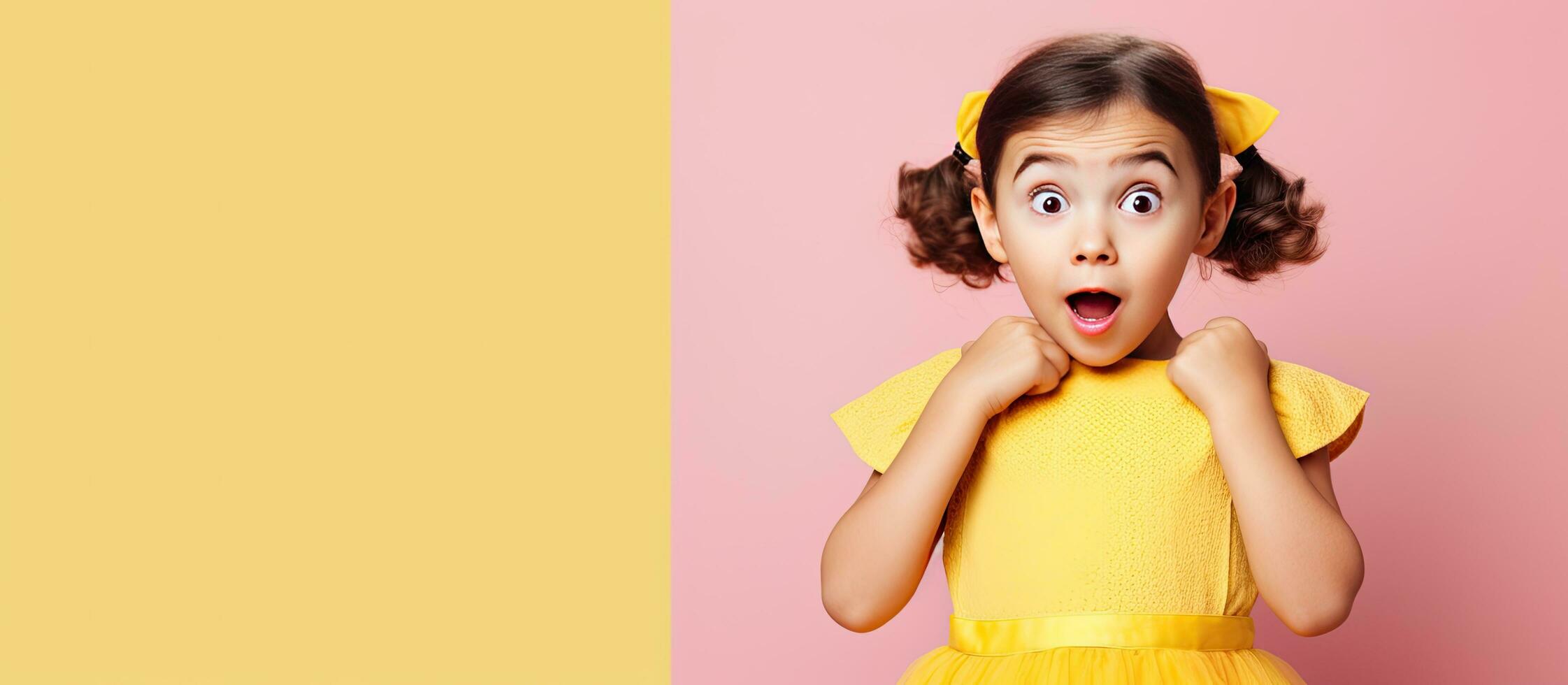 A surprised girl in a pink dress points to the right recommends something and is amazed by what she sees photo