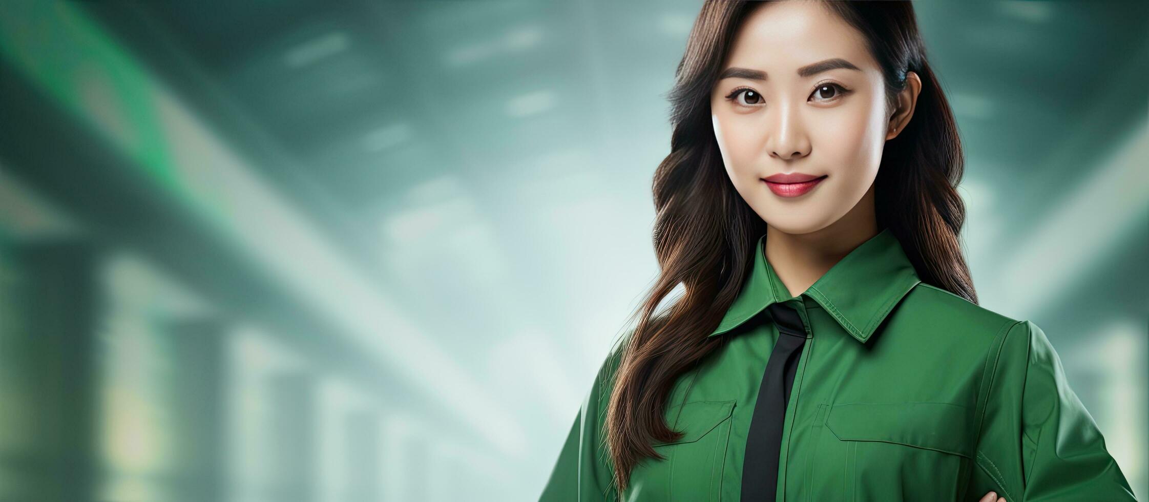 Composite image of a young female architect in workwear confident and focused with copy space She is of Asian descent and emphasizes safety protection and photo