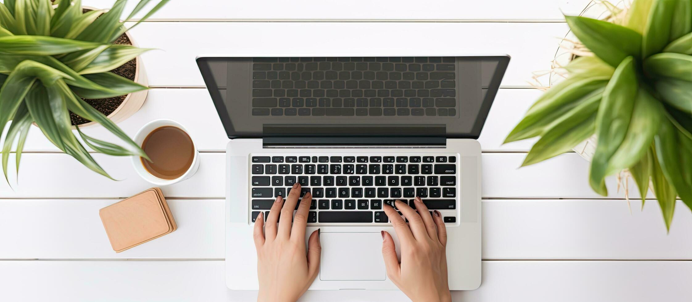 A woman working from home on a laptop with a blank screen The computer rests on a table Room for text photo