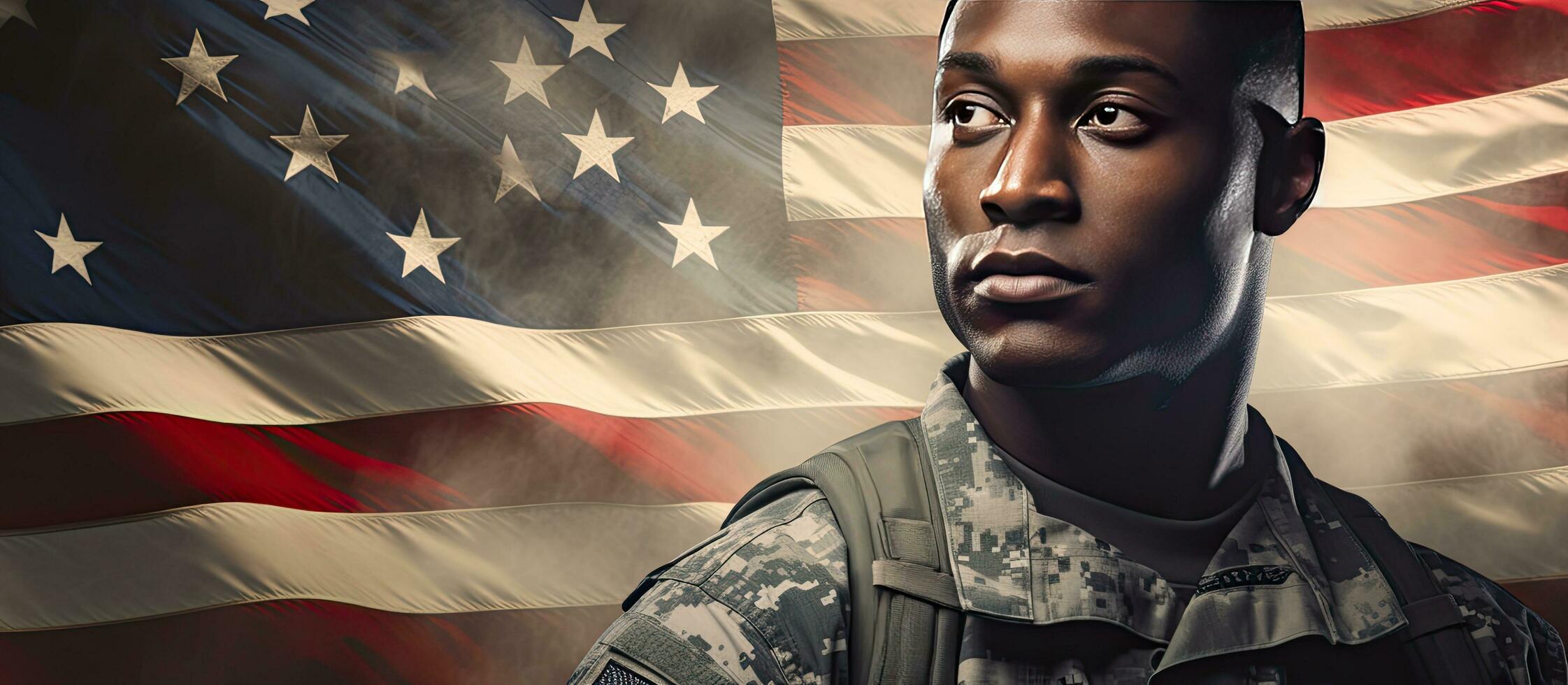 Composite of young African American army soldier with copy space for armed forces celebration photo