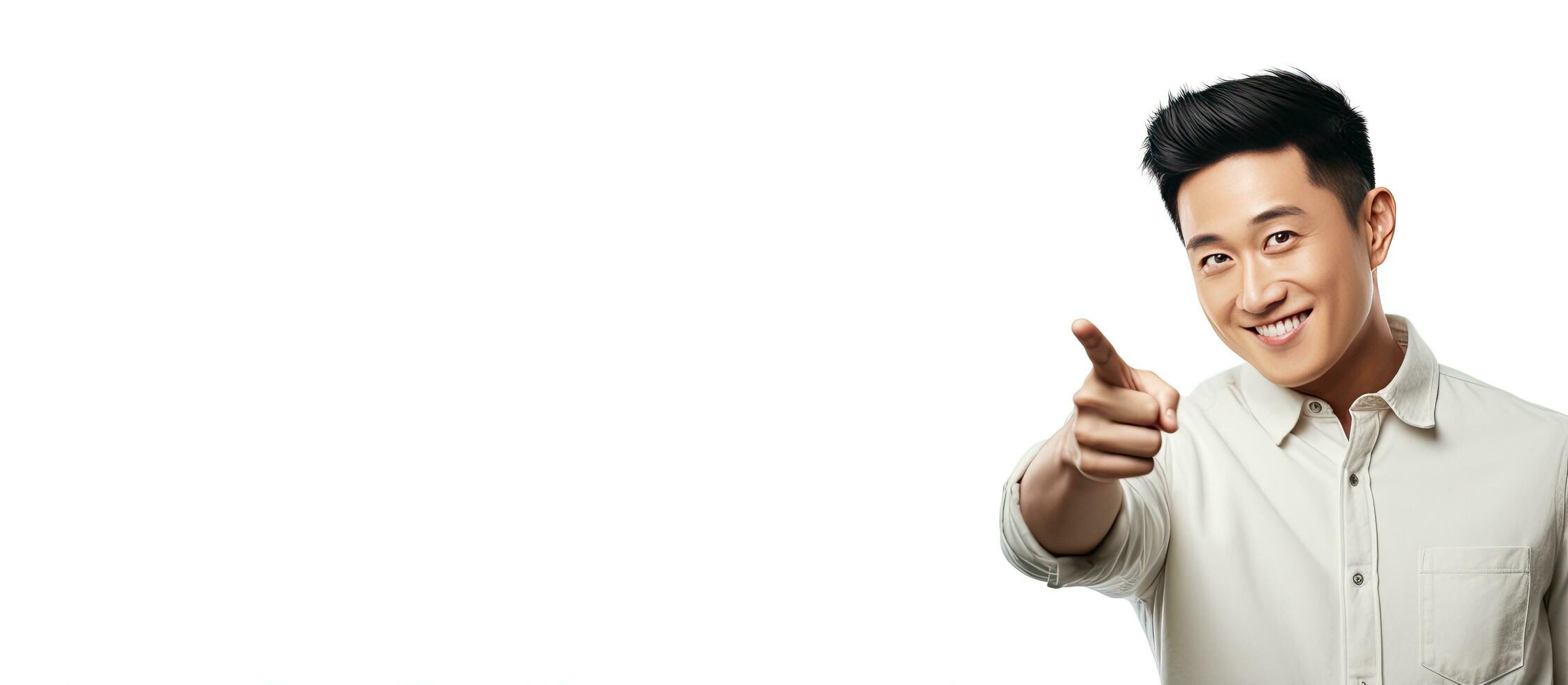Asian guy pointing fingers away in white studio background for your text or logo photo