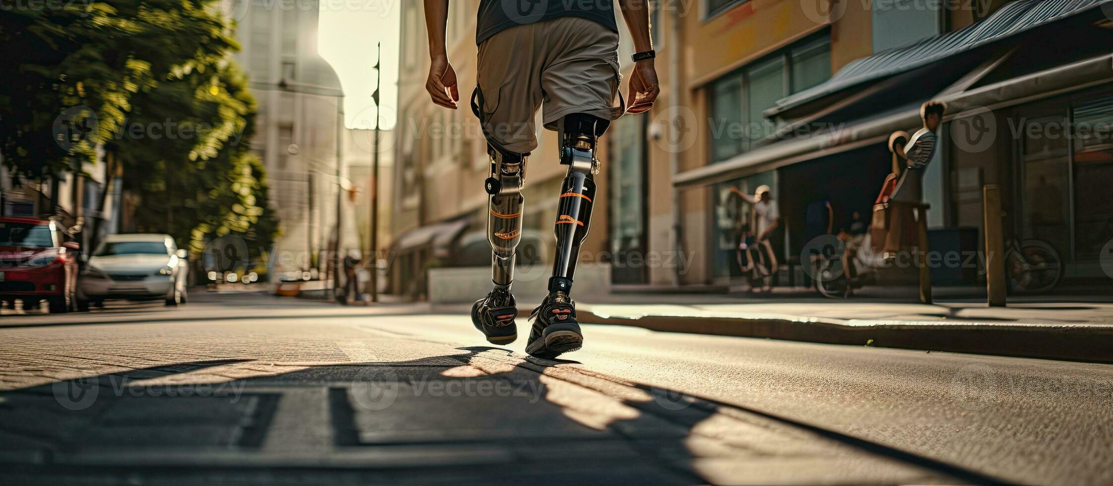 Disabled man with artificial limb walking on the street from a low angle view photo