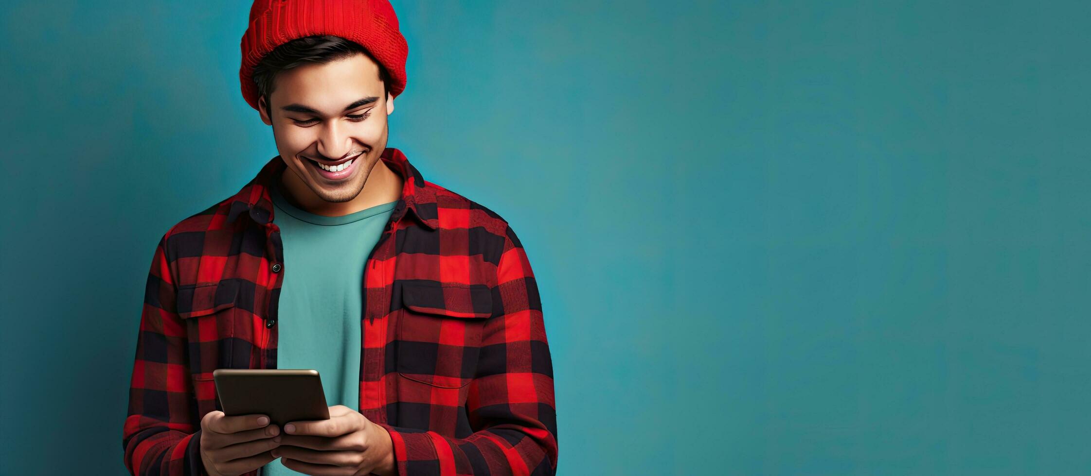 Thoughtful Asian male student in beanie and flannel shirt with book and phone looking aside at empty space isolated on blue background photo