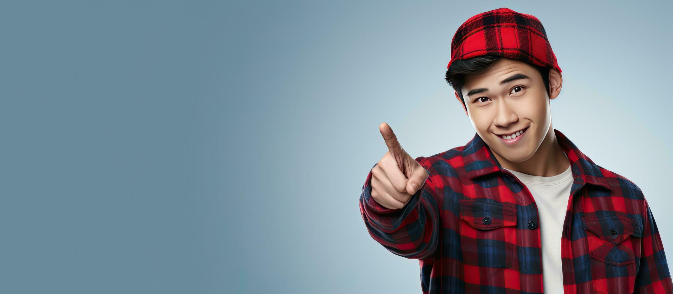 A self assured Asian man wearing a beanie and red plaid shirt points and gives a thumbs up on blue backdrop photo
